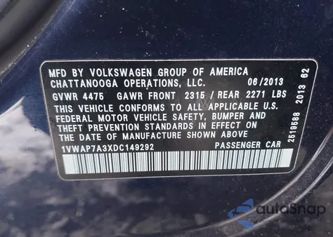 2013 Volkswagen Passat 2.5L S z USA, uszkodzony, nr VIN 1VWAP7A3XDC149292